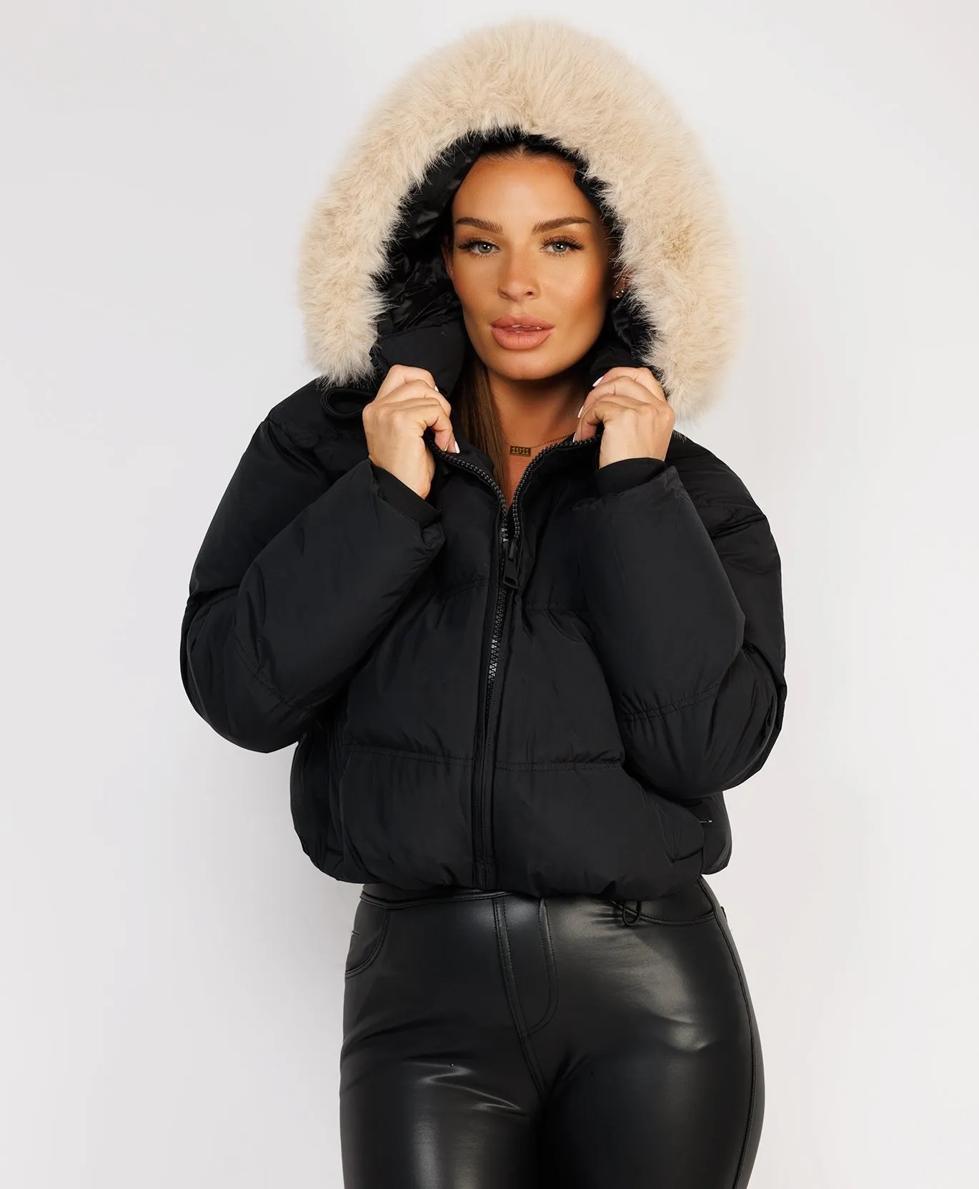 Black Padded Puffer Chunky Faux Fur Hood Drawstring Jacket