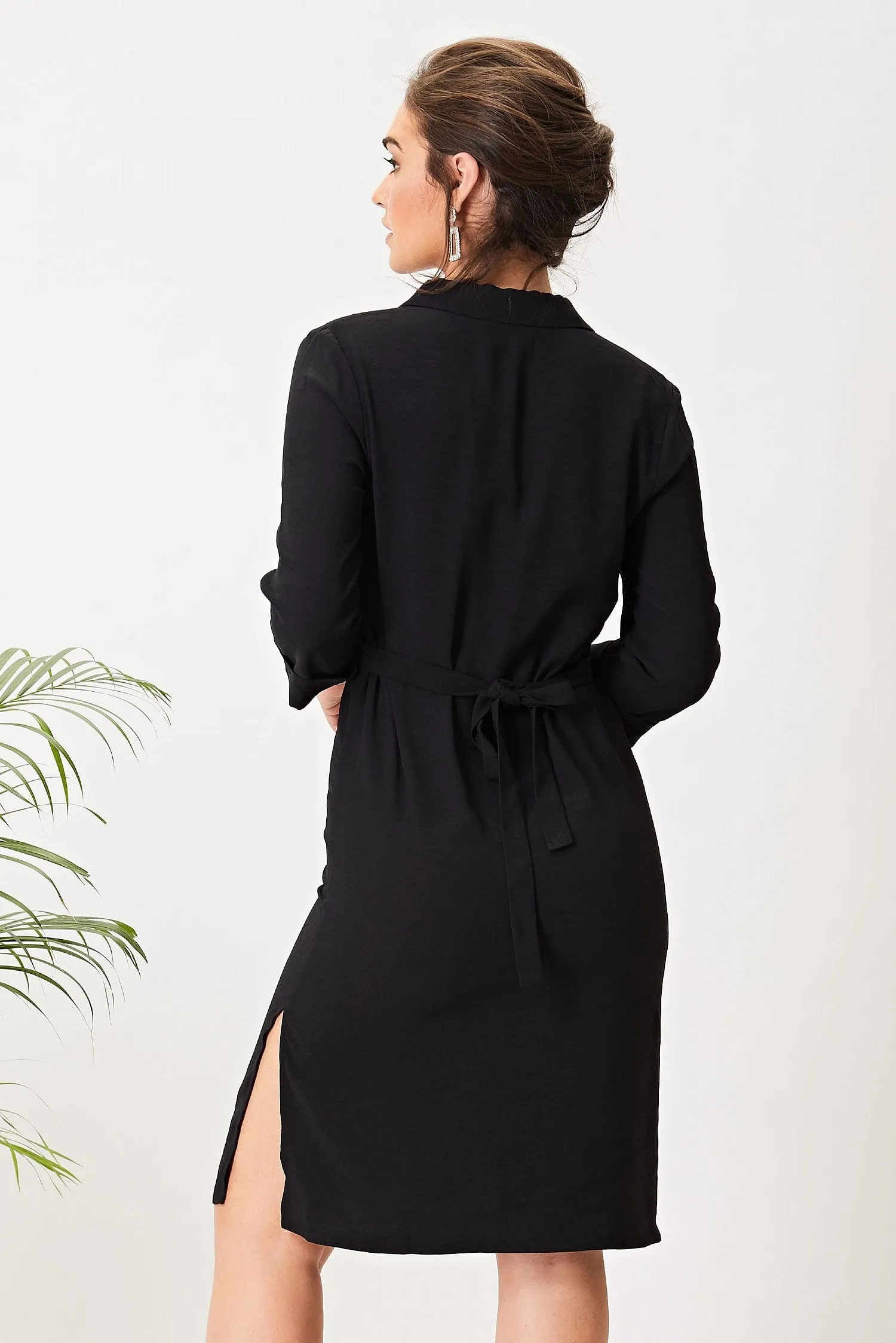 Black Satin Lined Midi Shirt dress