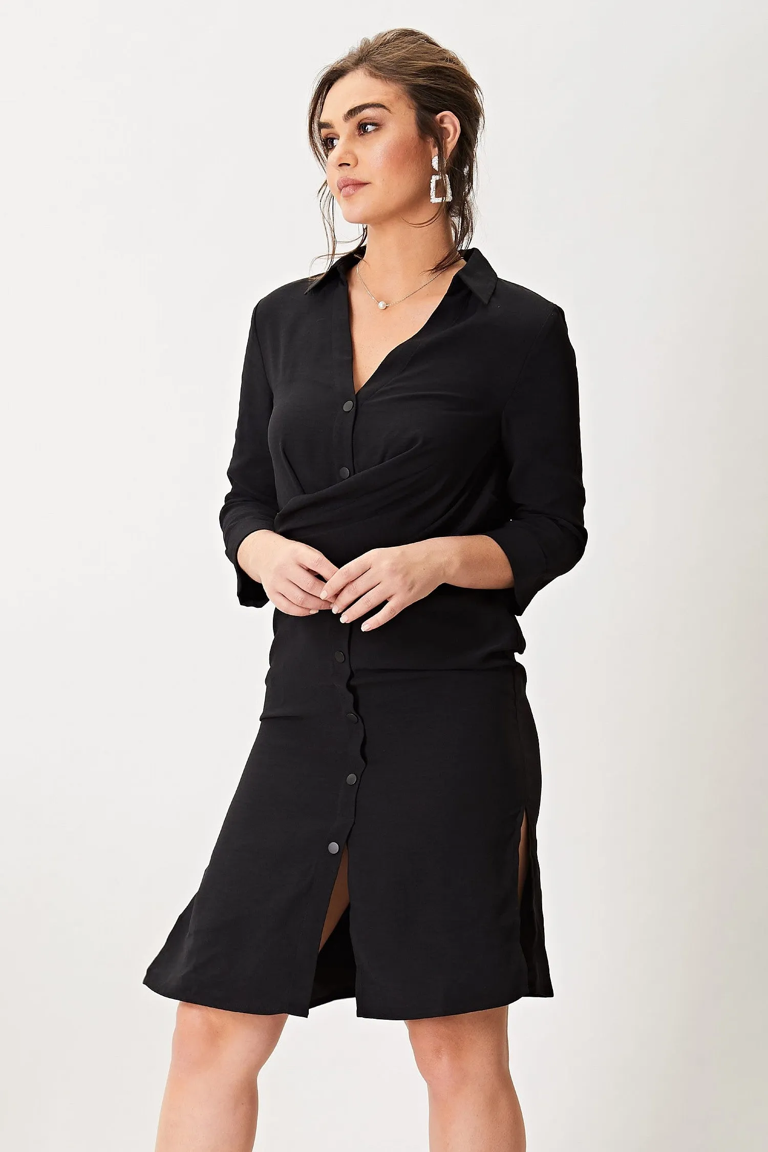 Black Satin Lined Midi Shirt dress