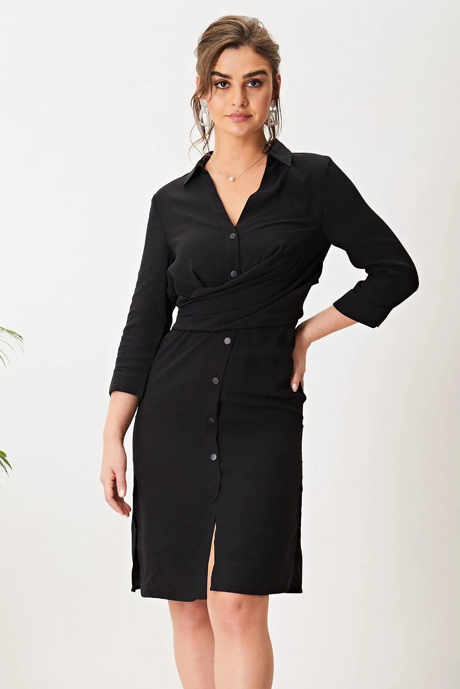 Black Satin Lined Midi Shirt dress