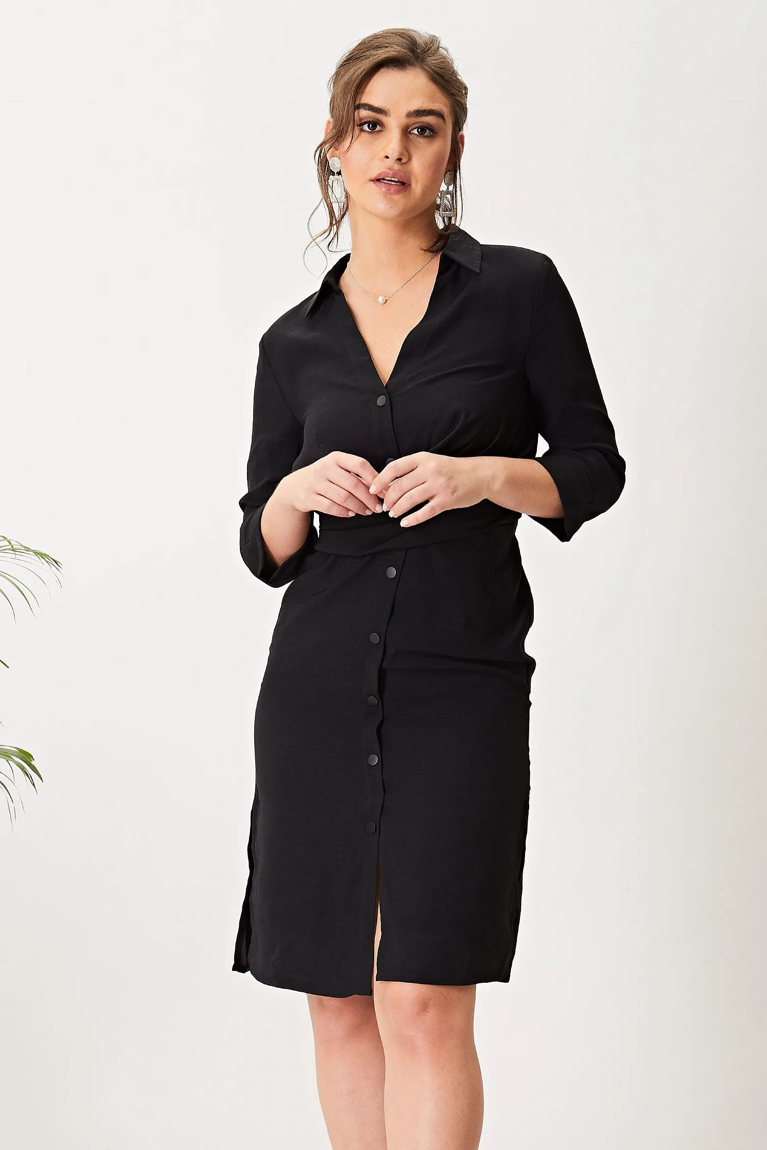 Black Satin Lined Midi Shirt dress