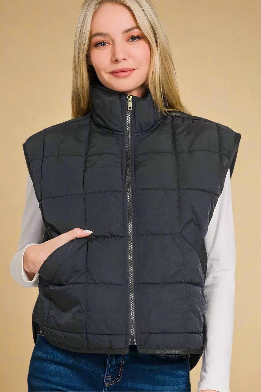 Black Zip Up Cropped Puffer Vest