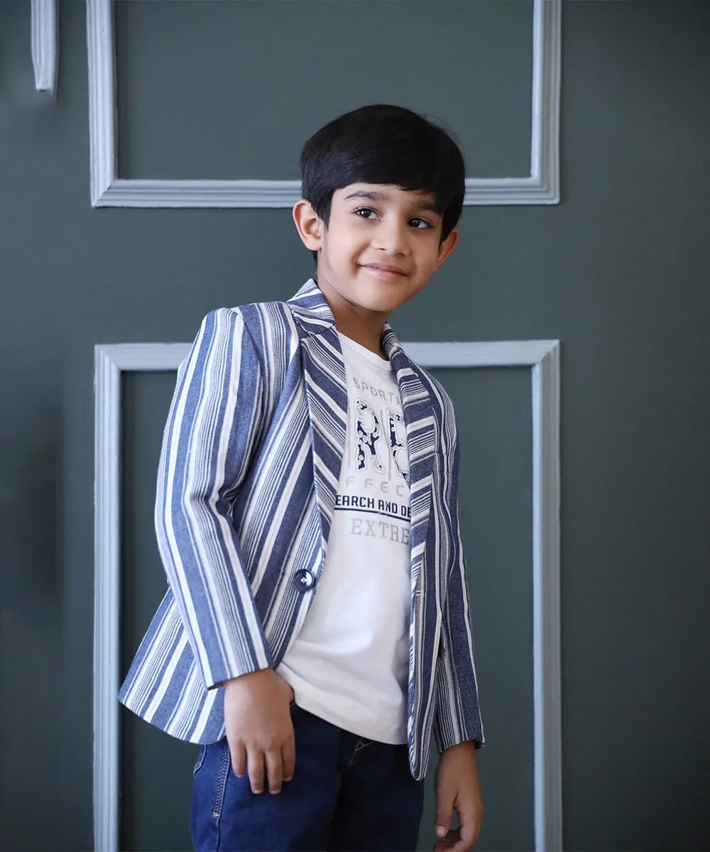 Blue and White Coloured Self-Striped Blazer Set for Boys