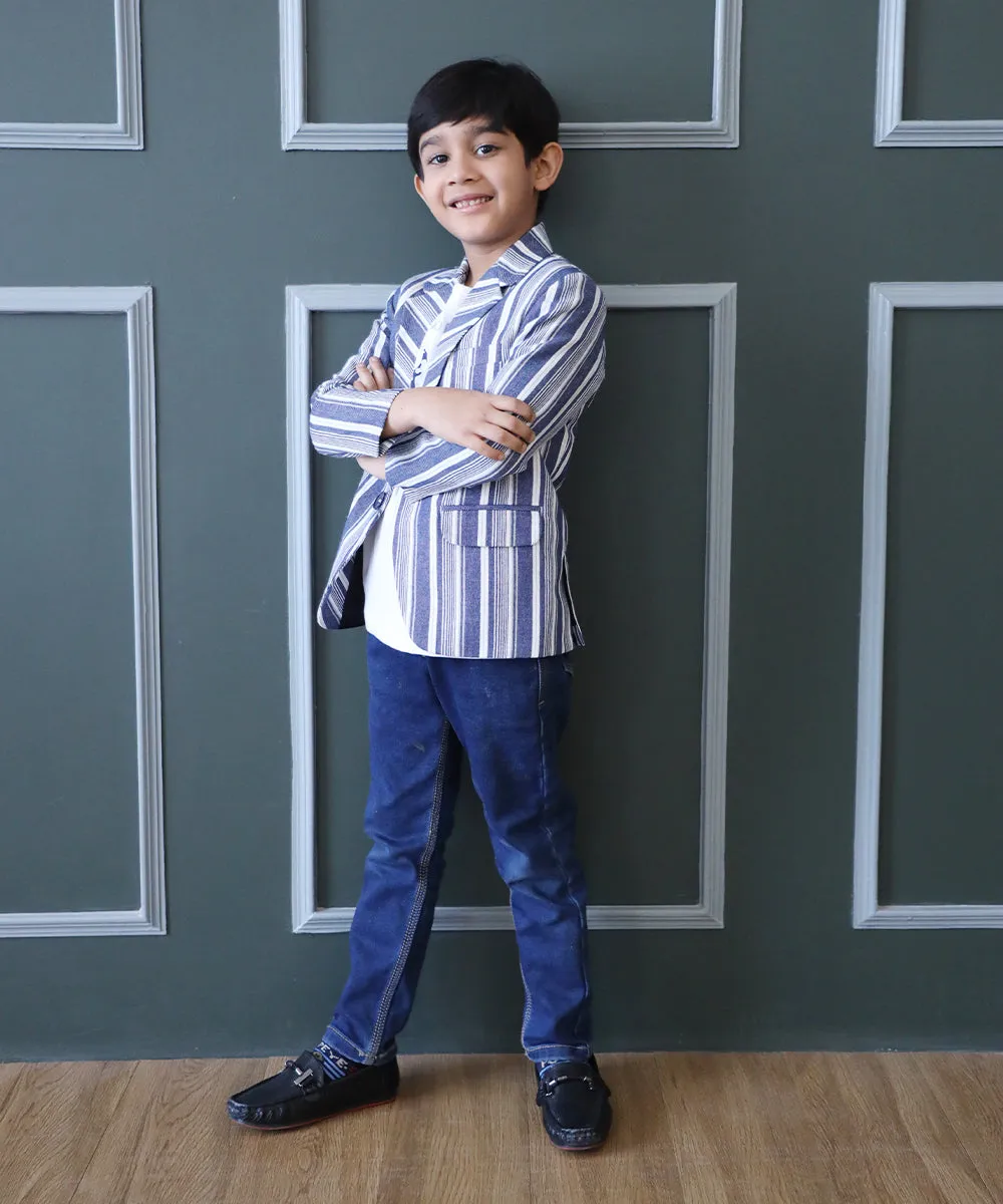 Blue and White Coloured Self-Striped Blazer Set for Boys