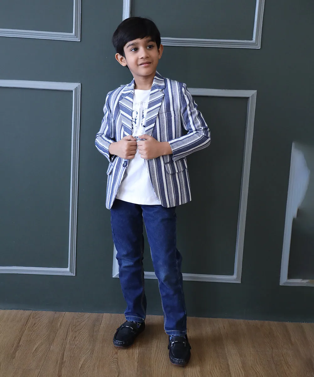 Blue and White Coloured Self-Striped Blazer Set for Boys