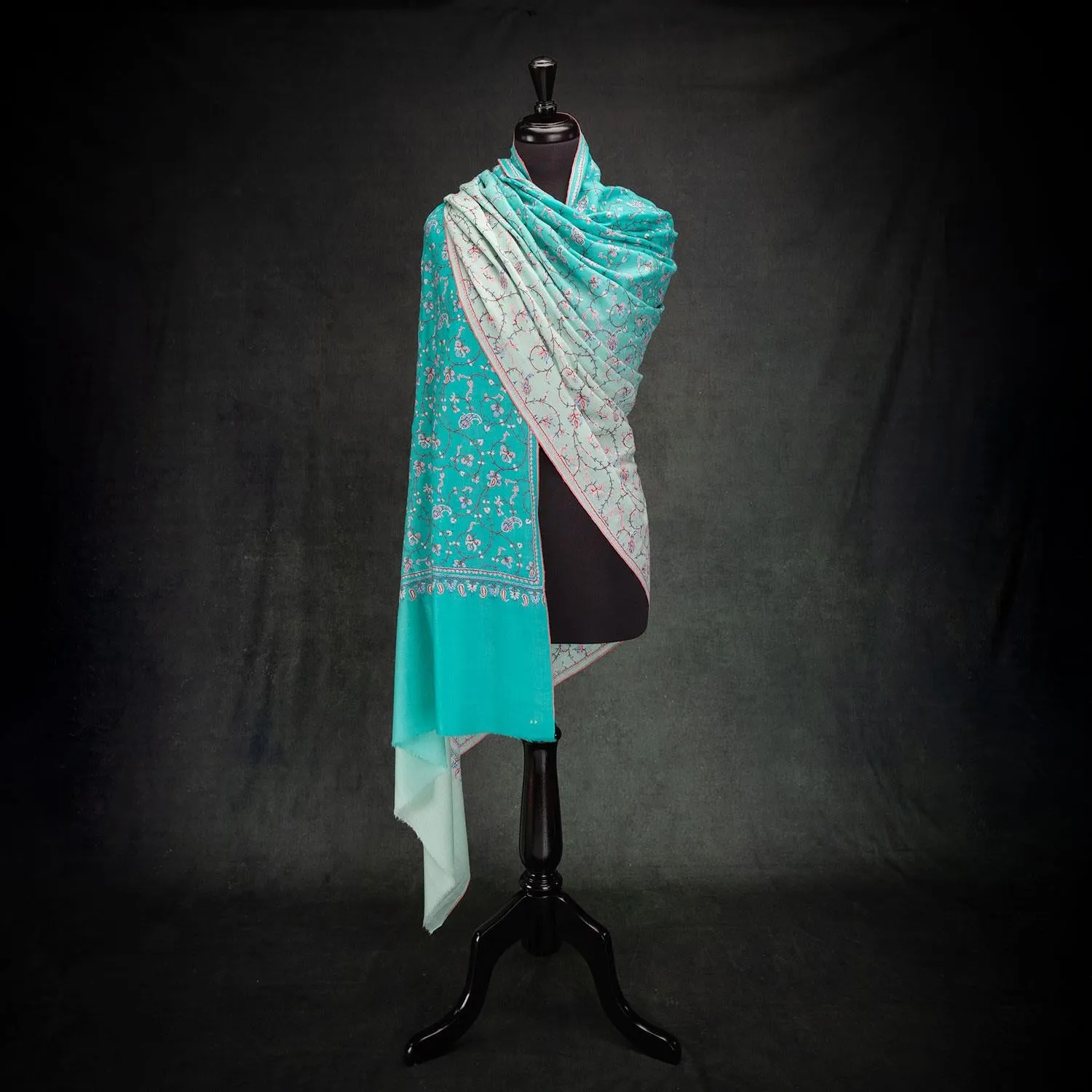 Blue Ombre Hand Embroidered Cashmere Pashmina