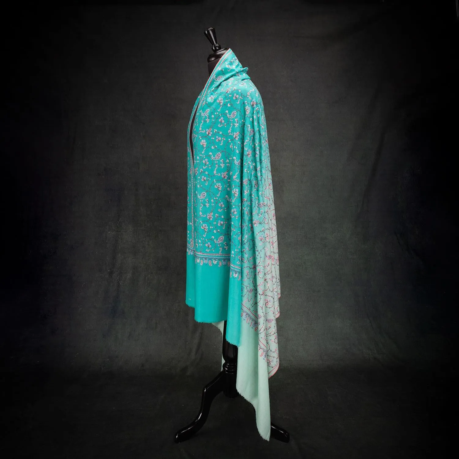 Blue Ombre Hand Embroidered Cashmere Pashmina