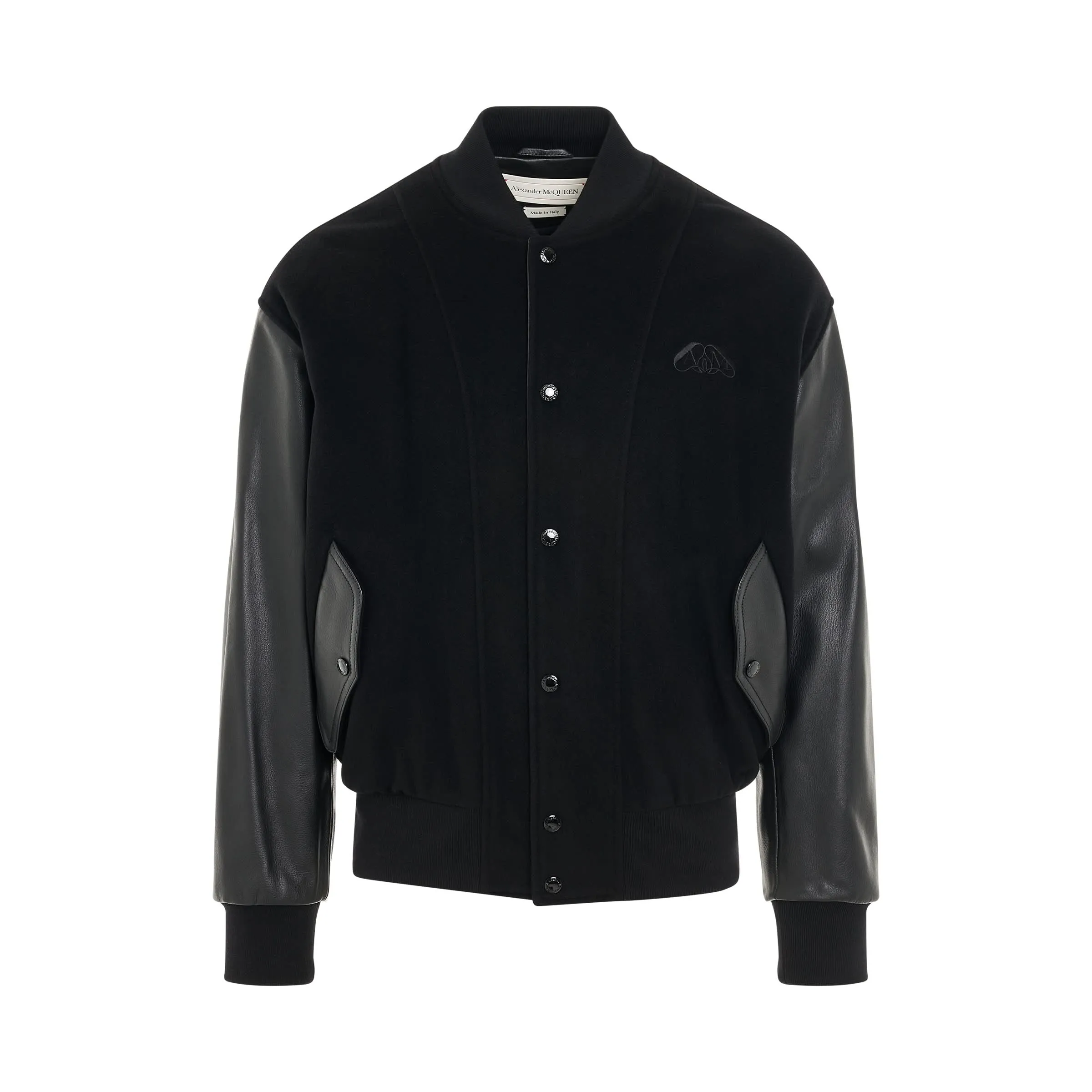 Bomber Jacket with Leather Sleeve in Black