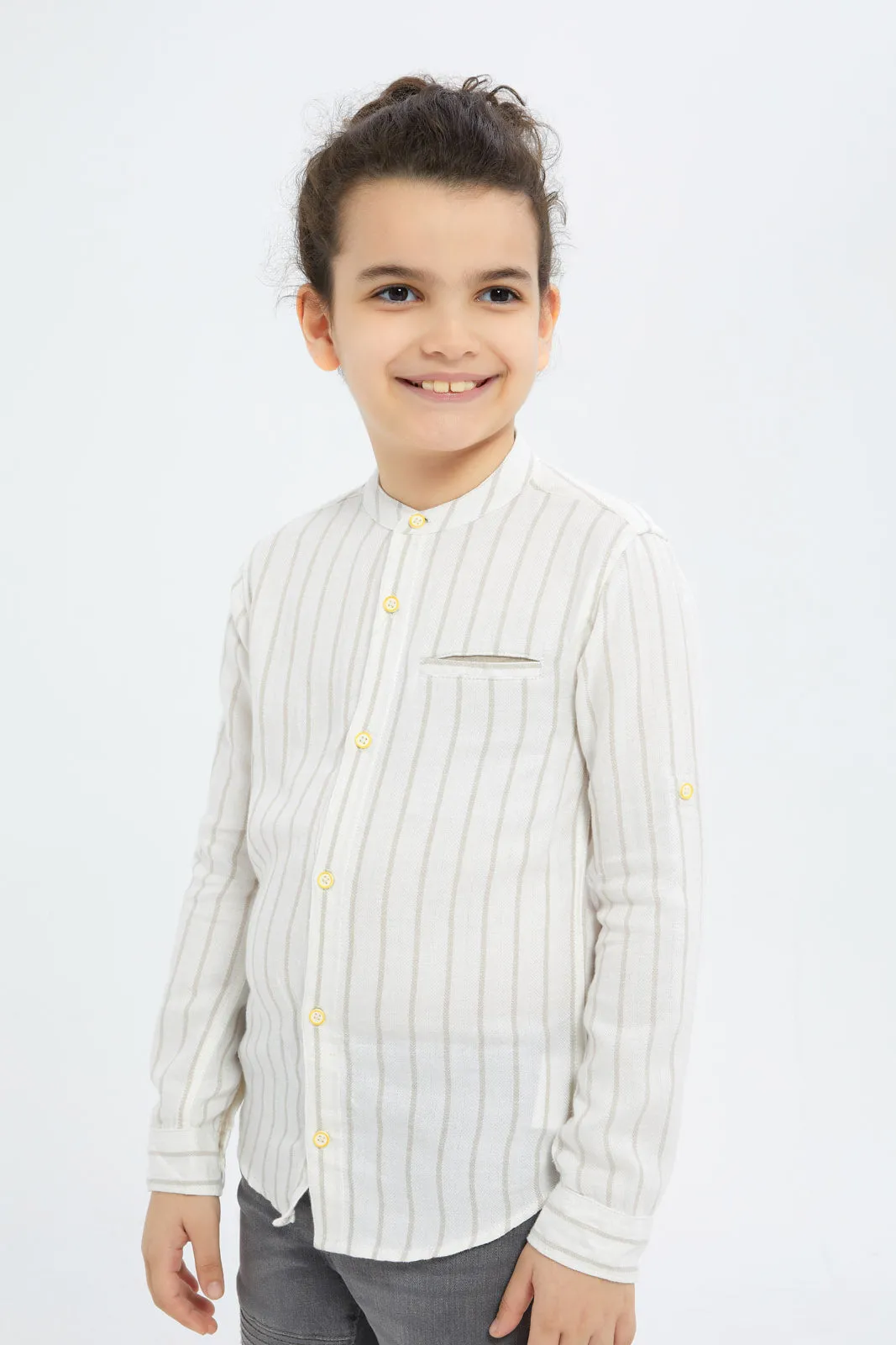 Boys Beige Waistcoat And Stripe Shirt Set (2 Piece)