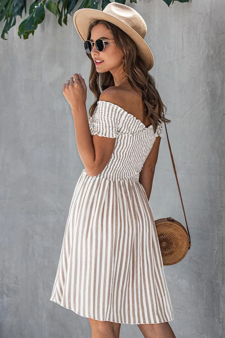 Breezy Off Shoulder Striped Printed Smocked Summer Mini Sundress - Coffee