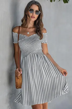 Breezy Off Shoulder Striped Printed Smocked Summer Mini Sundress - Gray