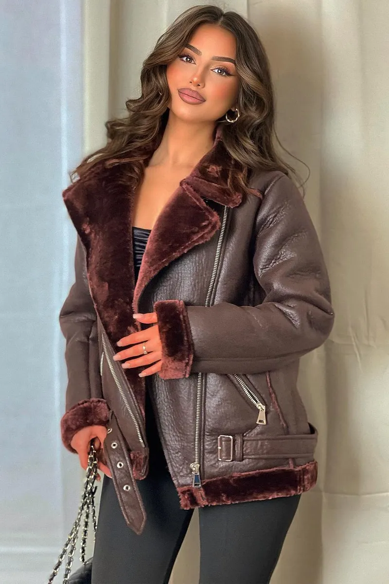 Brown Faux Leather Aviator Jacket - Juniper