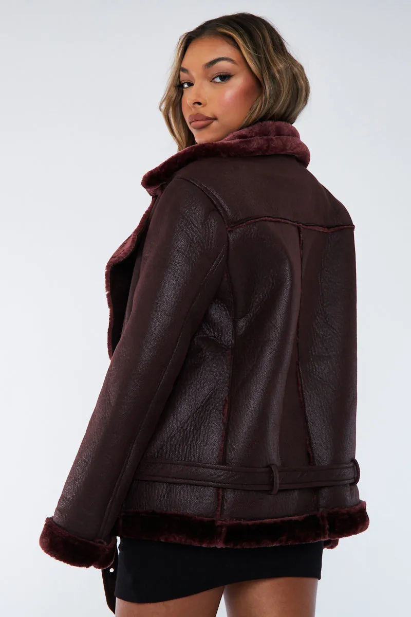 Brown Faux Leather Aviator Jacket - Juniper