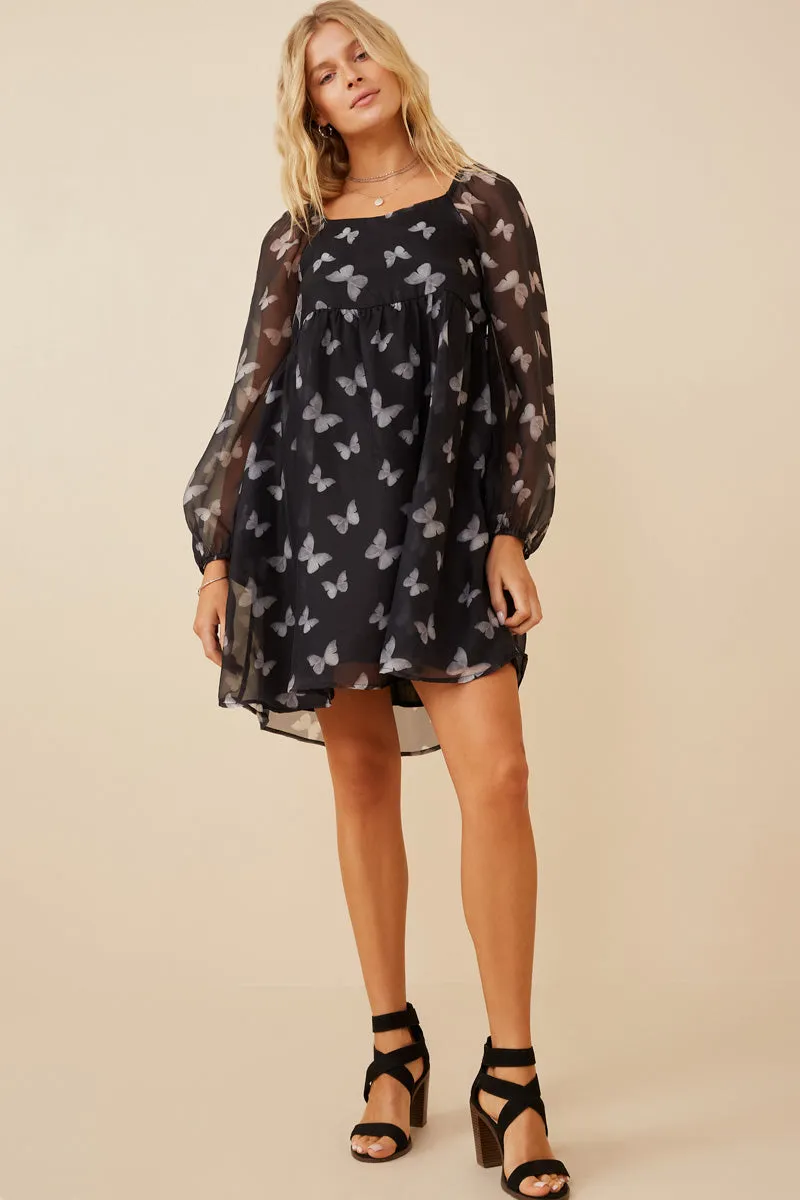 Buffy Chiffon Layered Black Butterfly Dress Misses S-L