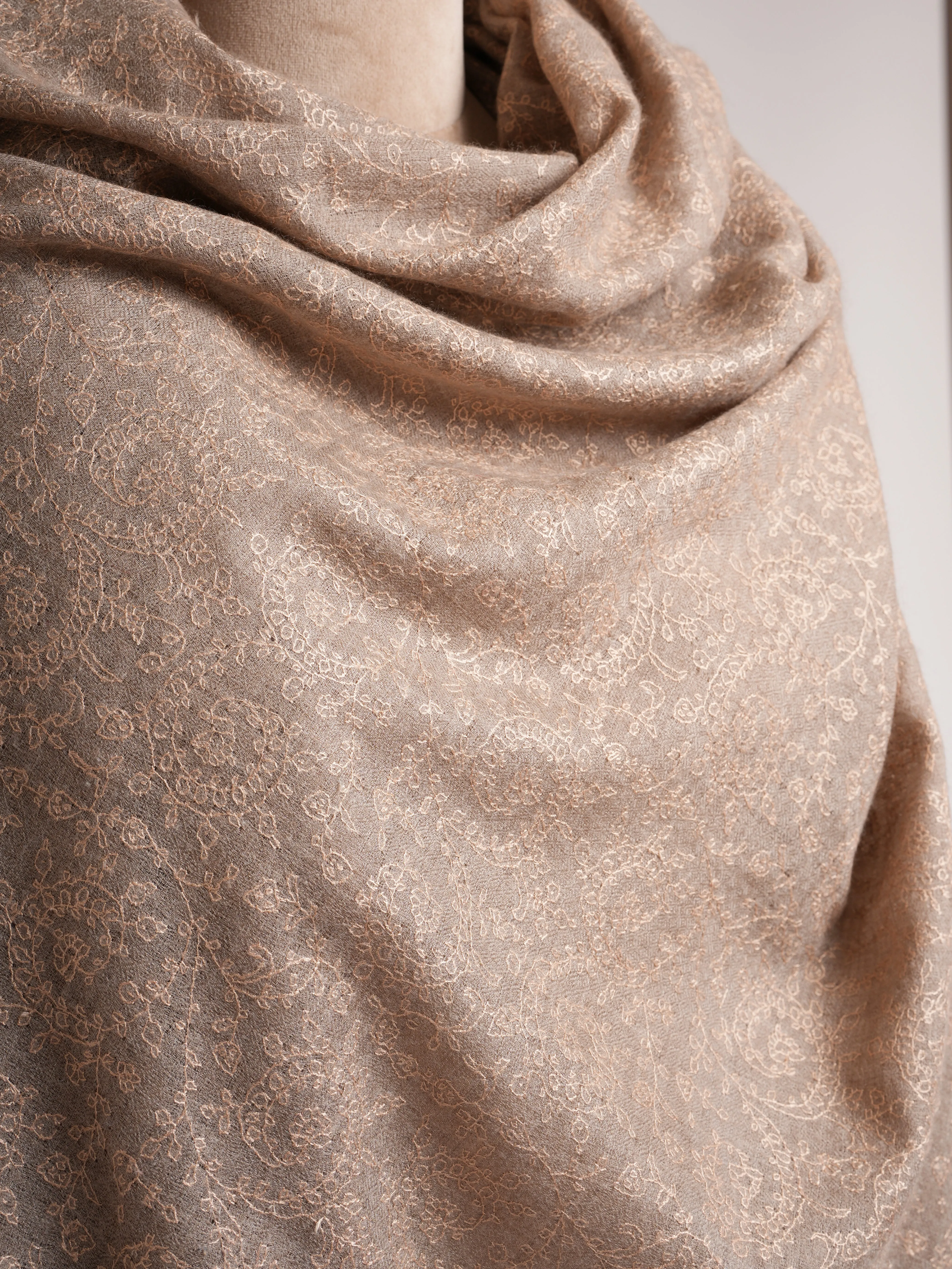 Bulky Natural Grey Sozni Embroidered Pashmina Shawl