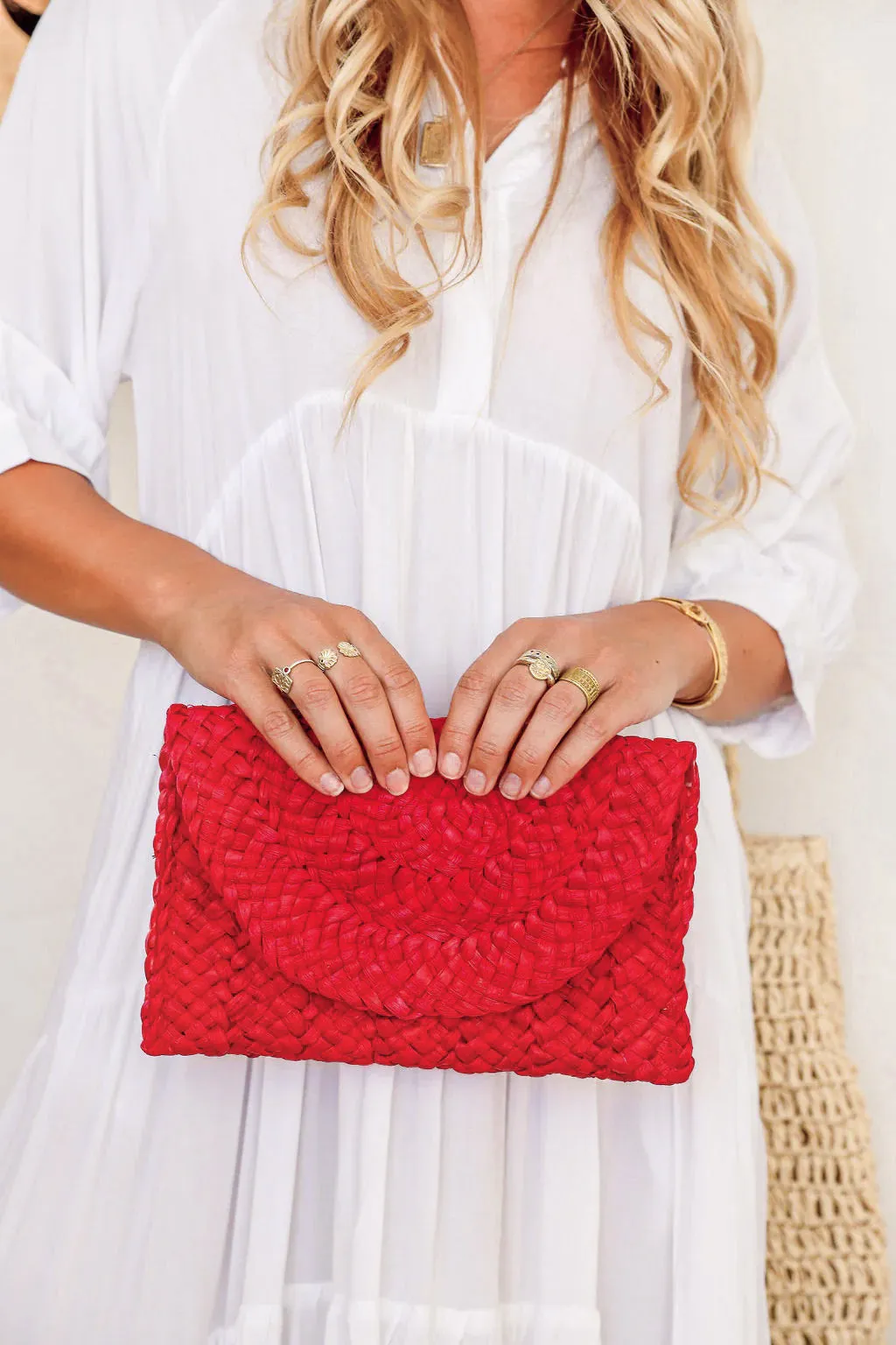 Cabana Raffia Clutch - Melon