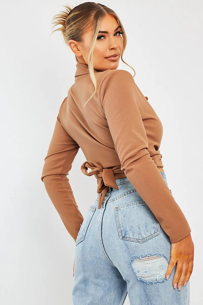 Camel Wrap Around Crop Blazer - Coriana