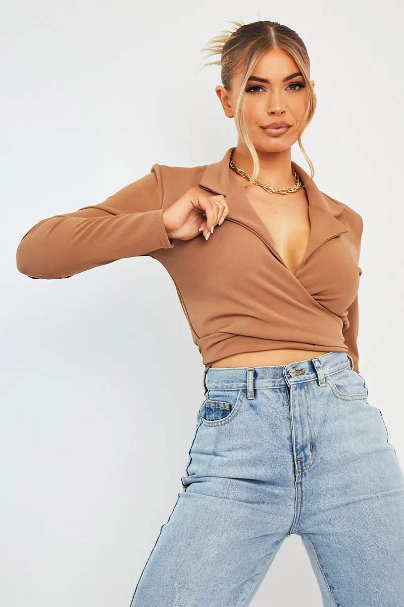 Camel Wrap Around Crop Blazer - Coriana