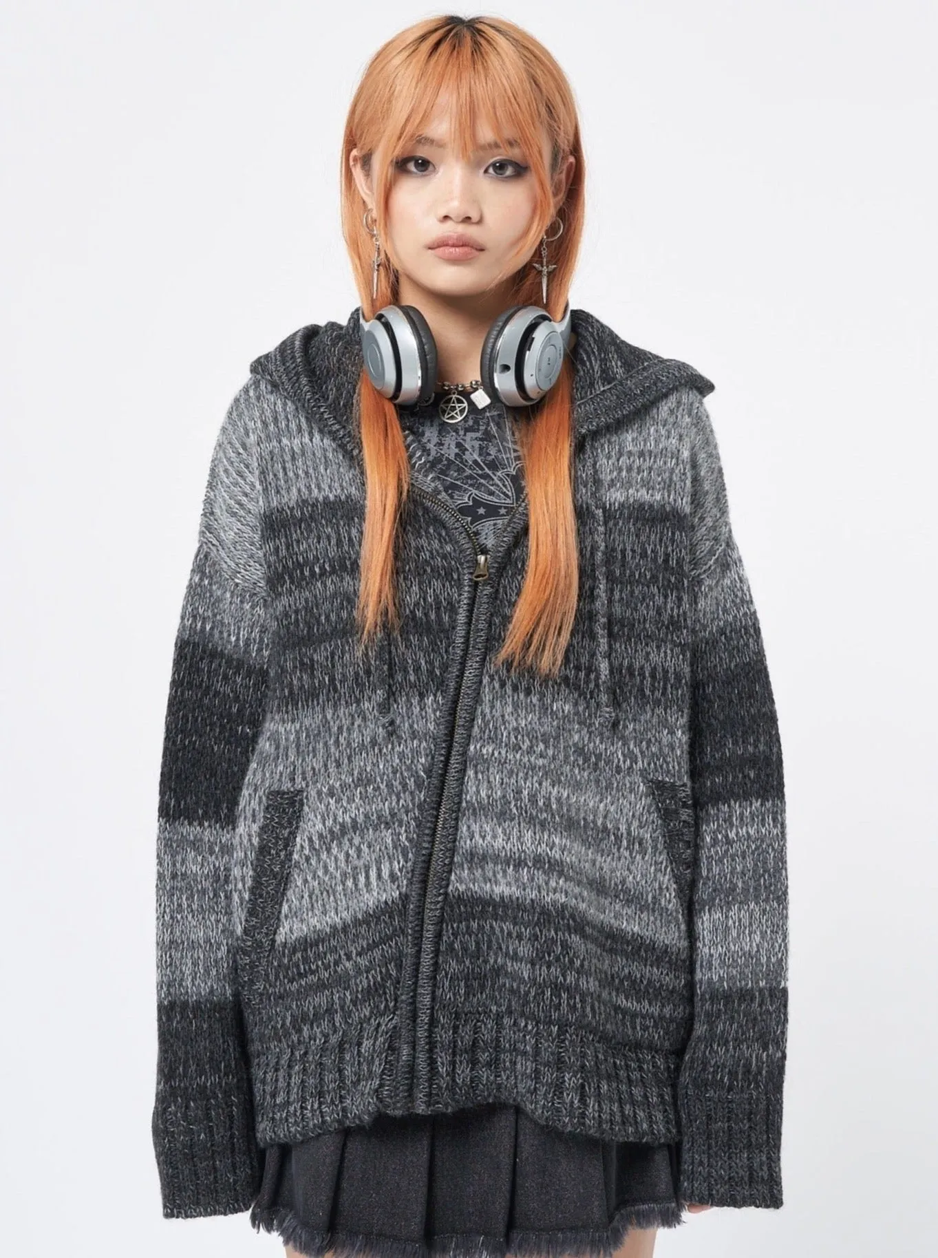 Carbon Oversized Knitted Zip-Up Hoodie