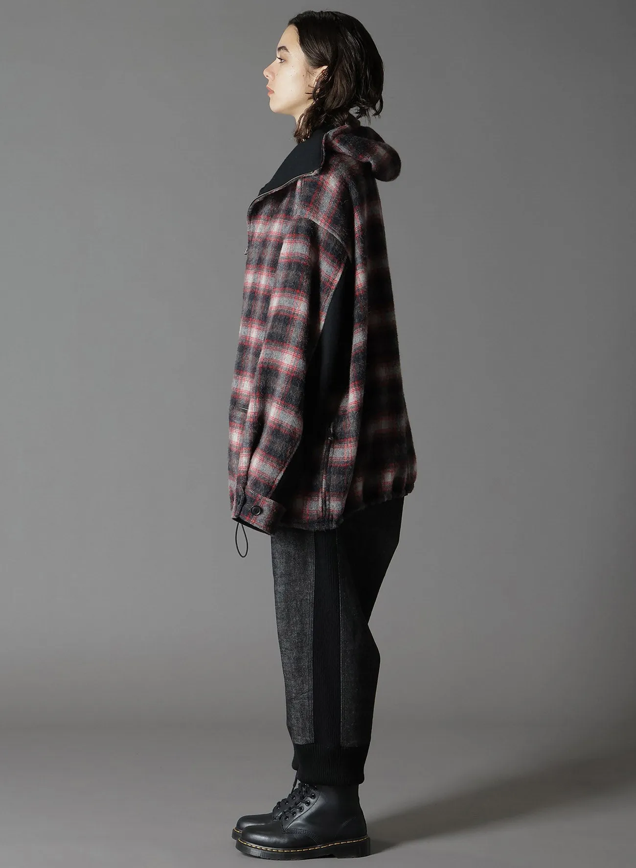 CHECKED SHAGGY WOOL ZIPPER POCKET HOODED BLOUSON