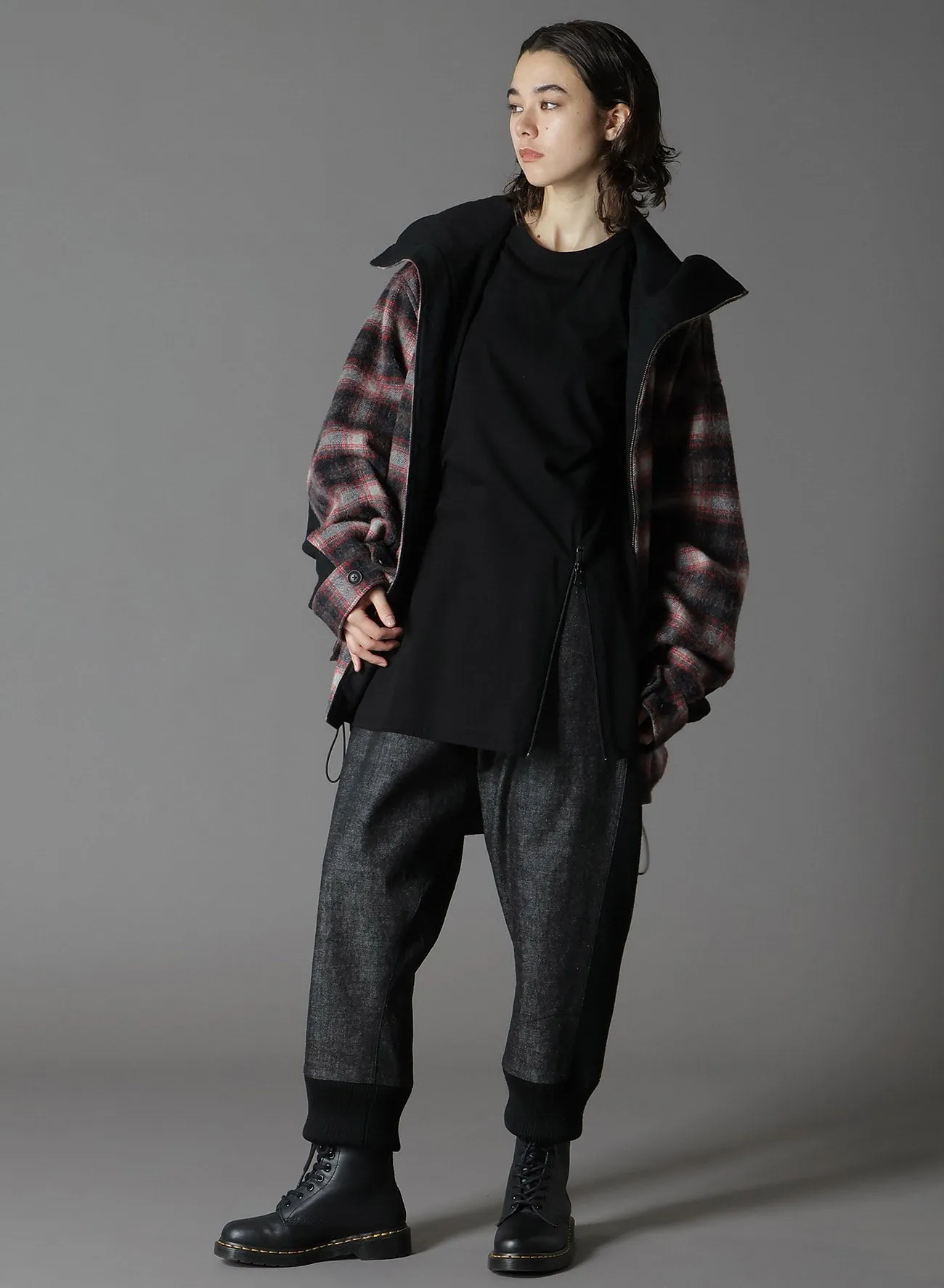 CHECKED SHAGGY WOOL ZIPPER POCKET HOODED BLOUSON