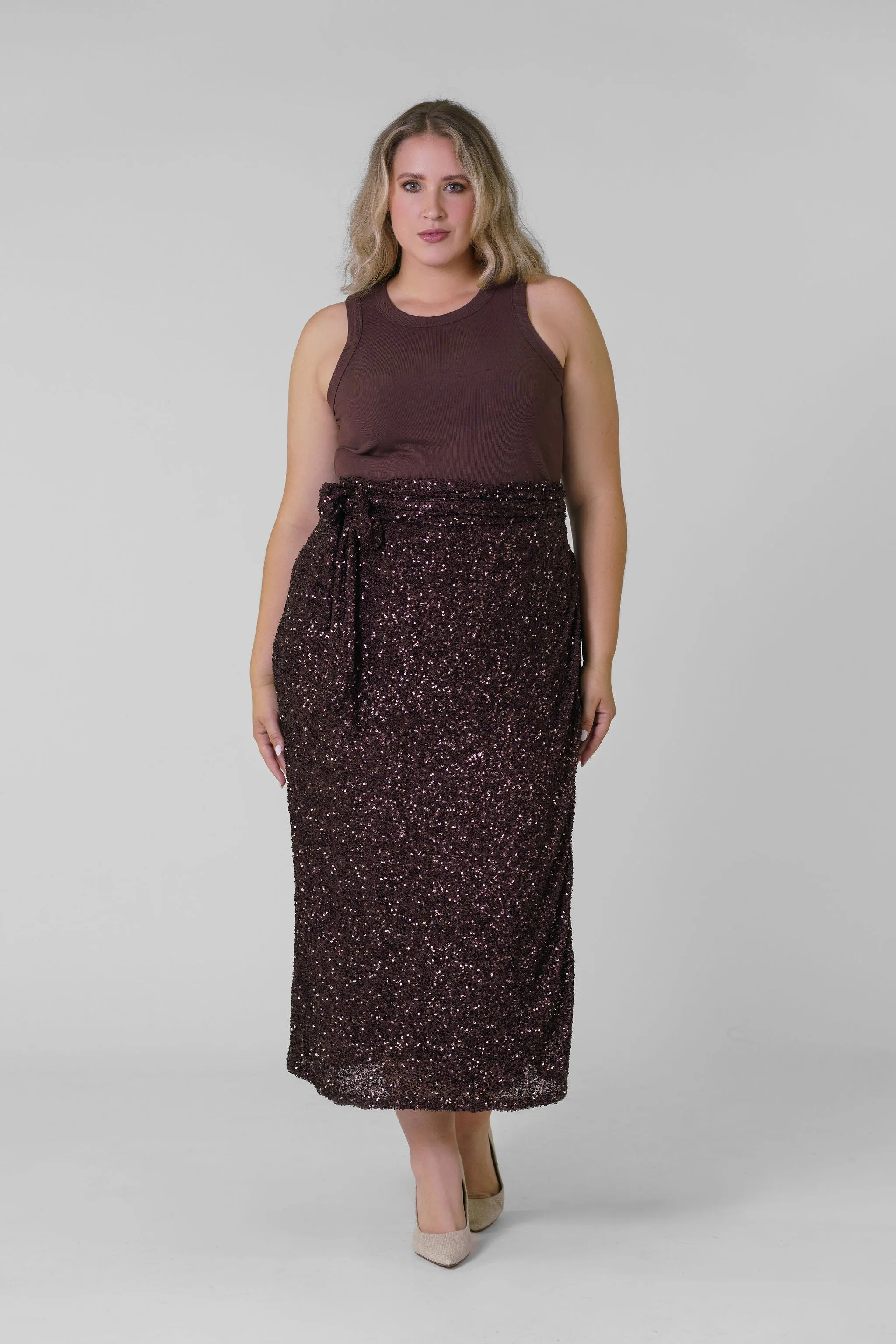 CHOCOLATE SEQUIN JASPRE SKIRT/WRAP DRESS