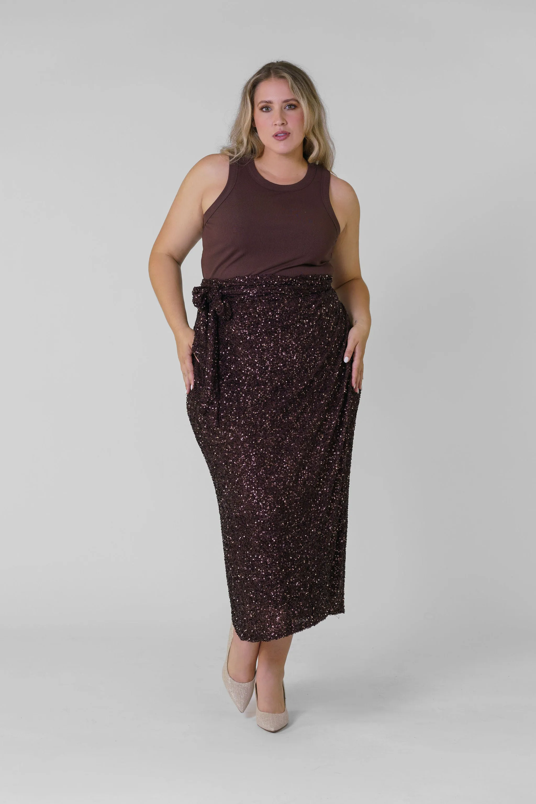 CHOCOLATE SEQUIN JASPRE SKIRT/WRAP DRESS