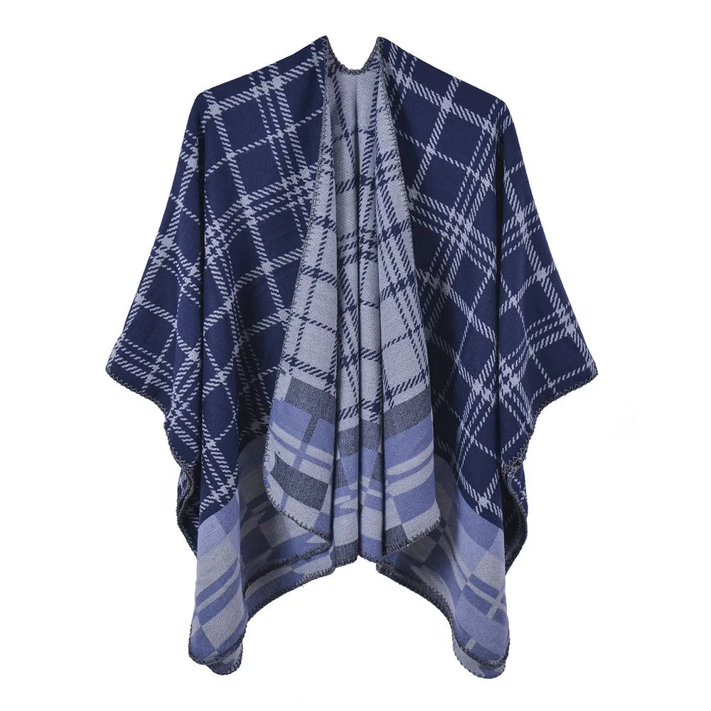 Classic plaid split shawl warm cashmere like going out party cloak in autumn and winter