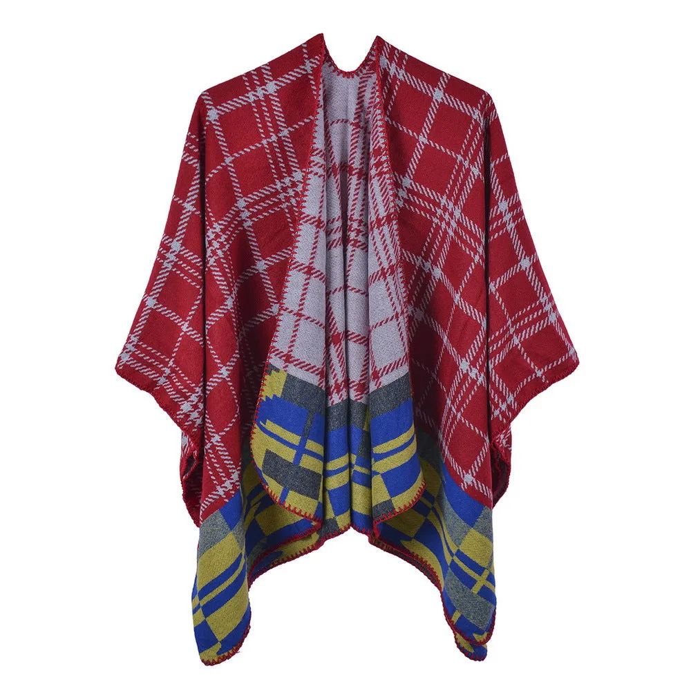 Classic plaid split shawl warm cashmere like going out party cloak in autumn and winter