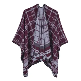 Classic plaid split shawl warm cashmere like going out party cloak in autumn and winter