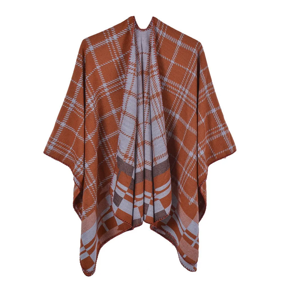 Classic plaid split shawl warm cashmere like going out party cloak in autumn and winter