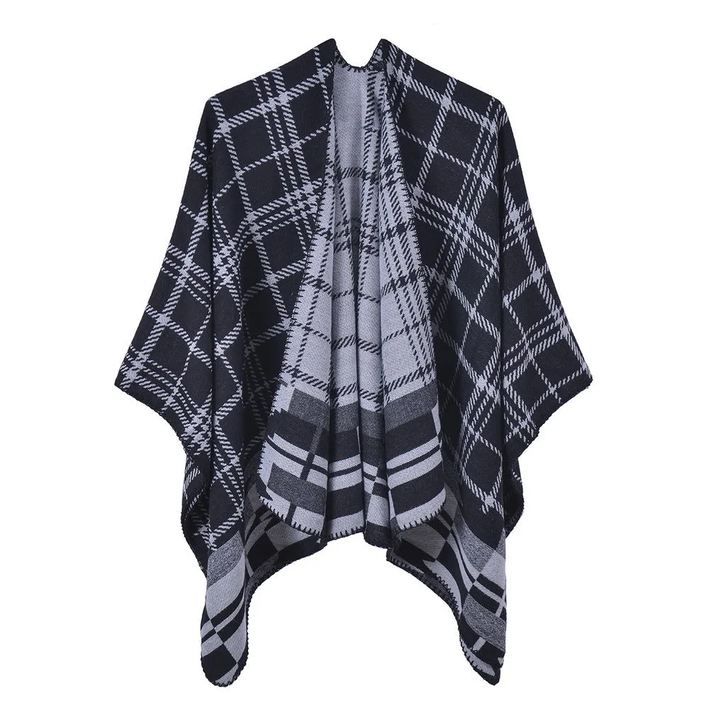 Classic plaid split shawl warm cashmere like going out party cloak in autumn and winter