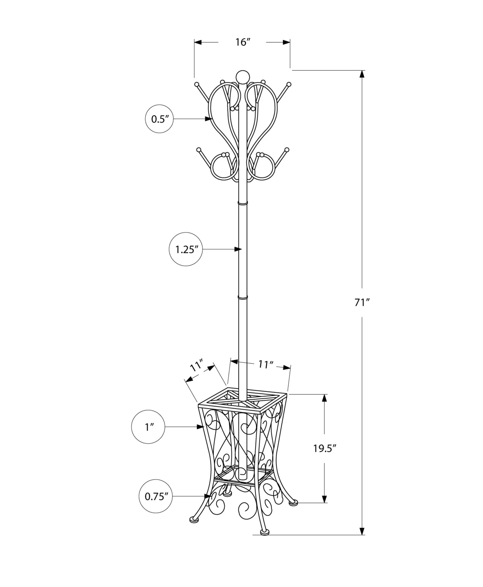 Coat Rack - 71"H / Black Metal With An Umbrella Holder