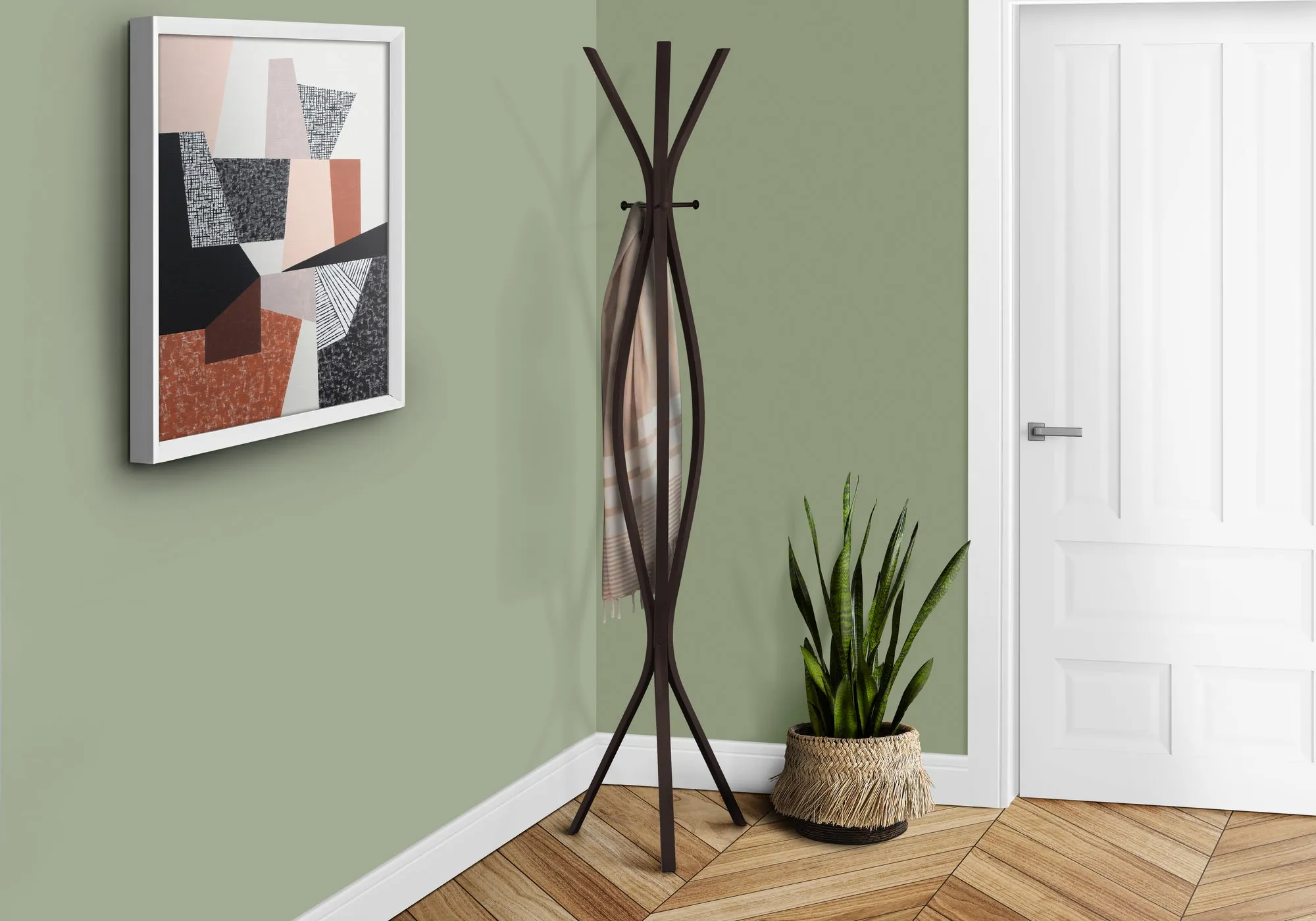 Coat Rack, Hall Tree, Free Standing, 3 Hooks, Entryway, 72"h, Bedroom, Brown Metal, Contemporary, Modern