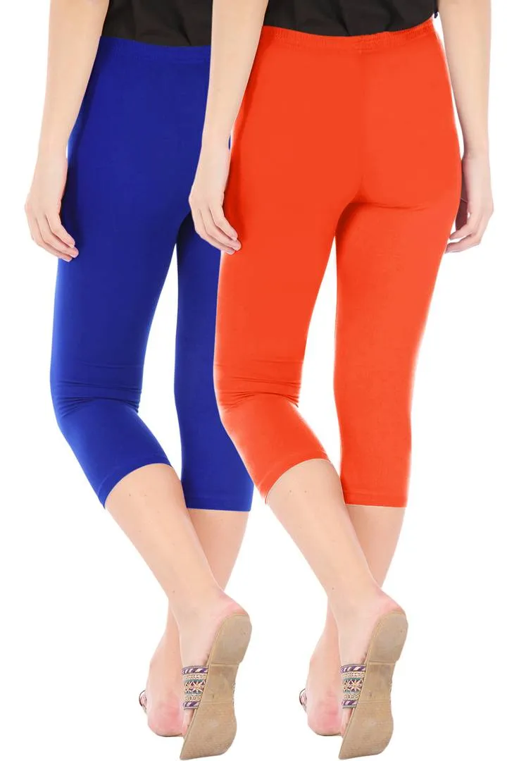 Combo Pack Of 2 Skinny Fit 3/4 Capris Leggings For Women Royal Blue Flame Orange