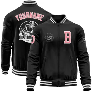 Custom Black Medium Pink-White Bomber Varsity Letterman Zipper Jacket