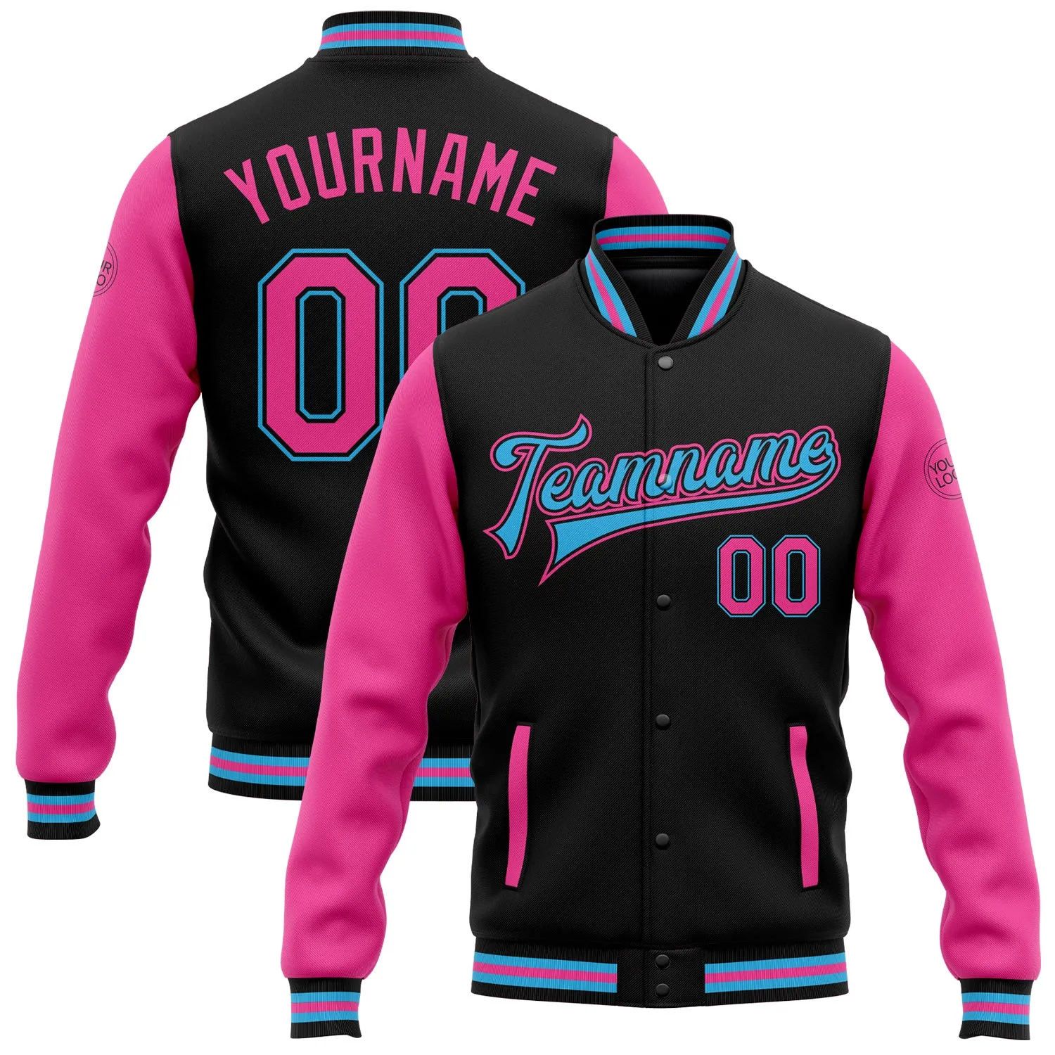 Custom Black Pink-Sky Blue Bomber Full-Snap Varsity Letterman Two Tone Jacket