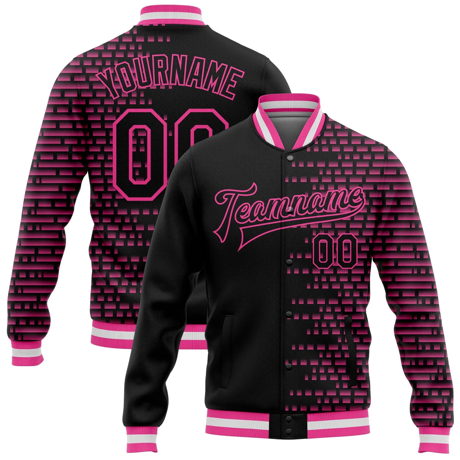 Custom Black Pink-White Halftone 3D Pattern Design Bomber Full-Snap Varsity Letterman Jacket