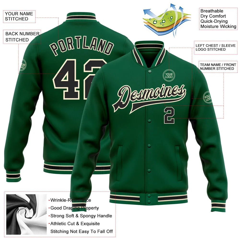 Custom Kelly Green Black-Cream Bomber Full-Snap Varsity Letterman Jacket