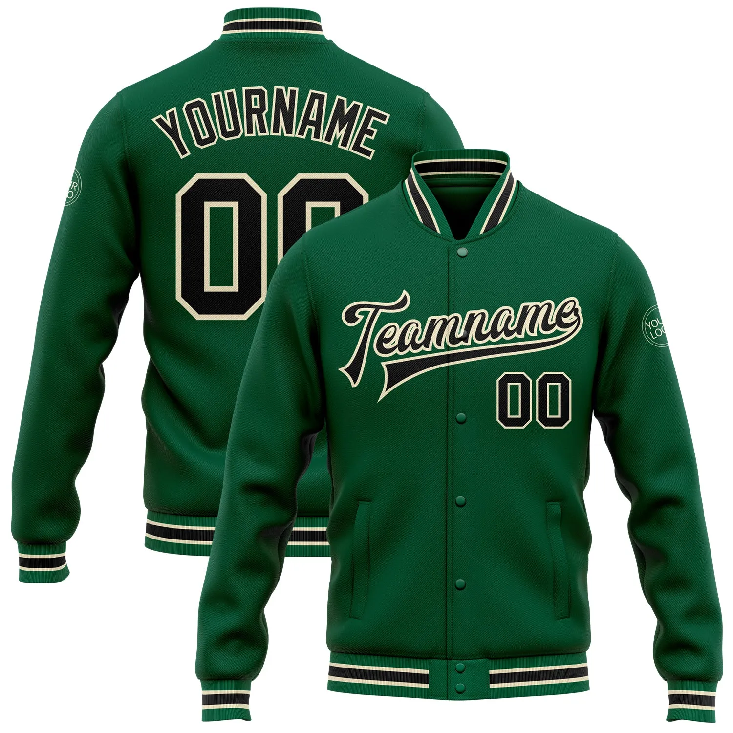 Custom Kelly Green Black-Cream Bomber Full-Snap Varsity Letterman Jacket