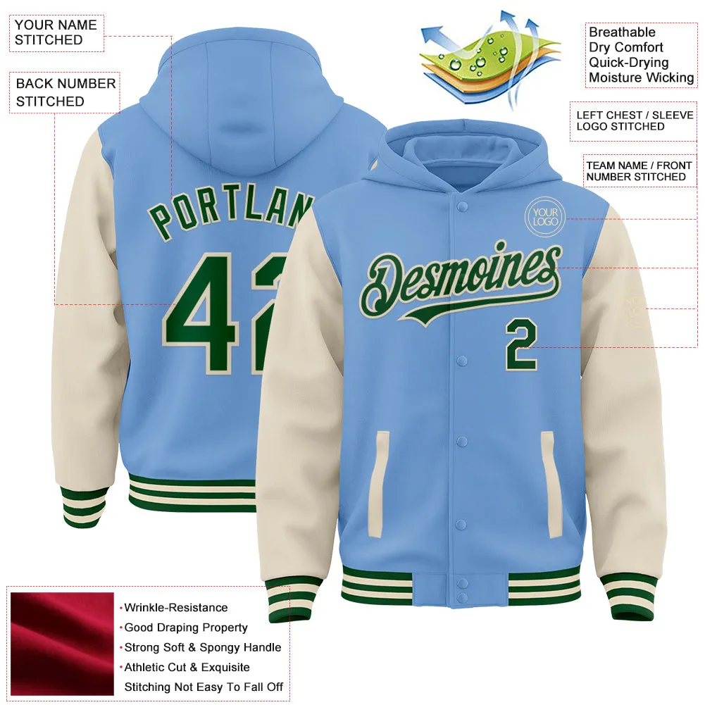 Custom Light Blue Green-Cream Bomber Full-Snap Varsity Letterman Two Tone Hoodie Jacket