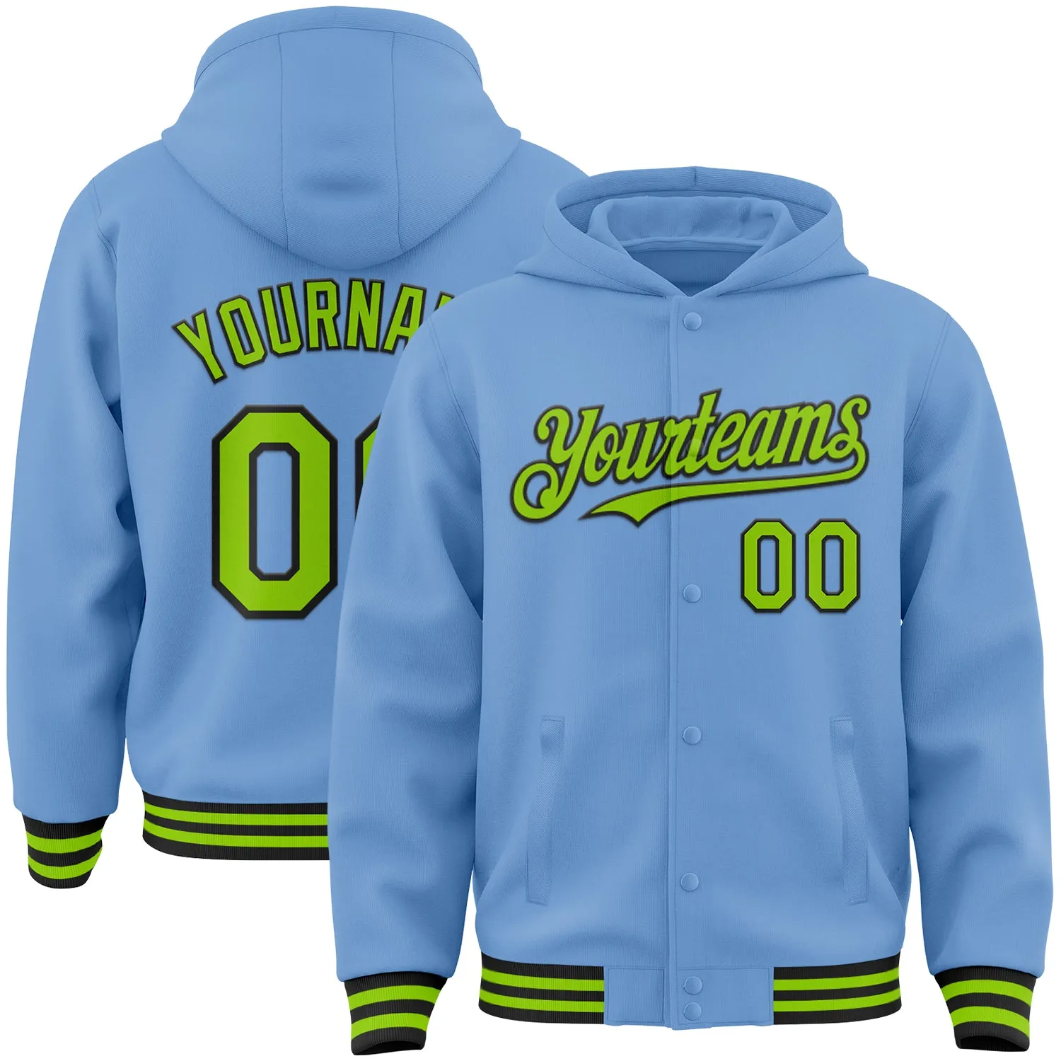 Custom Light Blue Neon Green-Black Bomber Full-Snap Varsity Letterman Hoodie Jacket