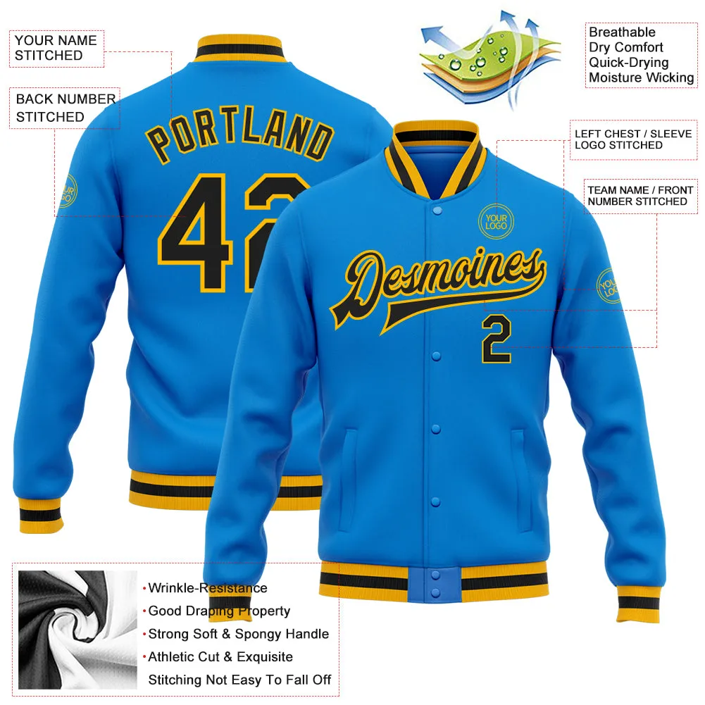 Custom Powder Blue Black-Gold Bomber Full-Snap Varsity Letterman Jacket