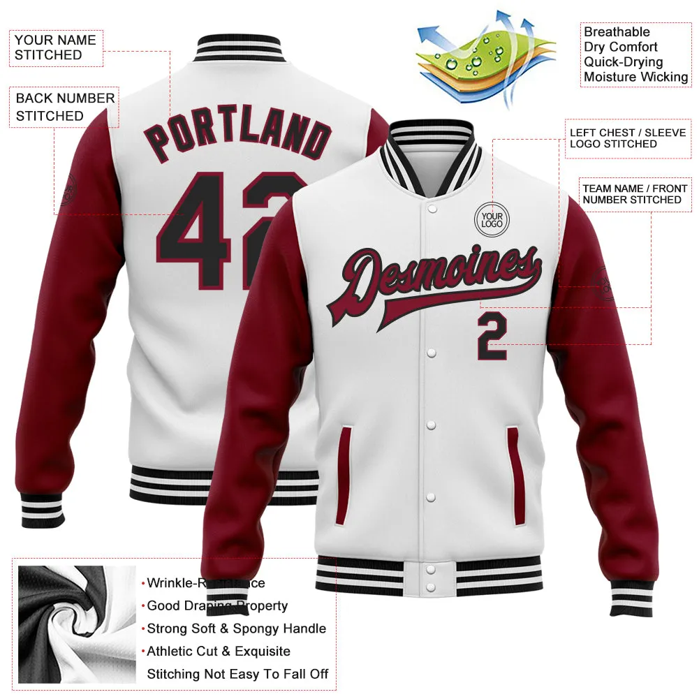 Custom White Black-Crimson Bomber Full-Snap Varsity Letterman Two Tone Jacket