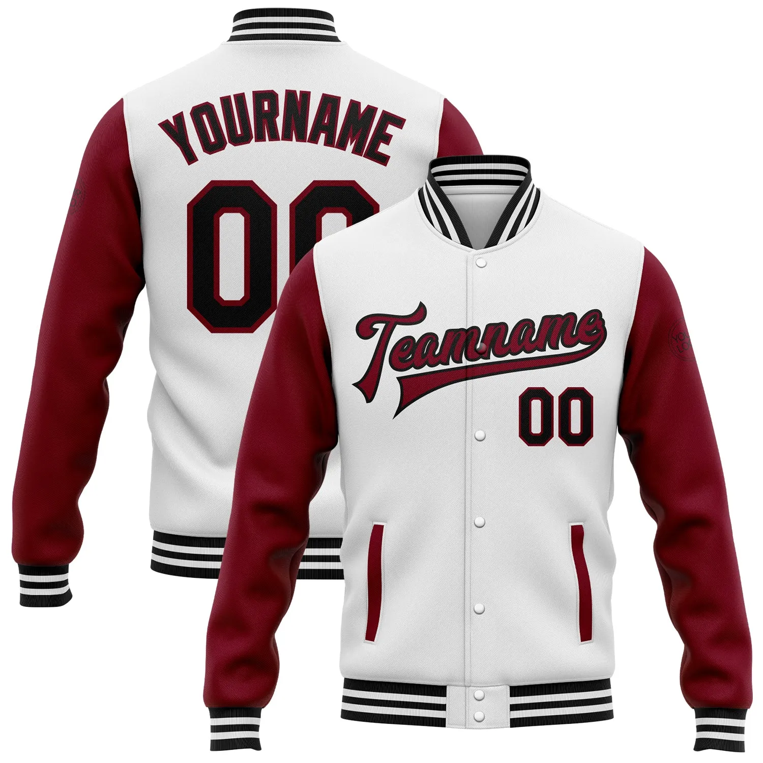 Custom White Black-Crimson Bomber Full-Snap Varsity Letterman Two Tone Jacket