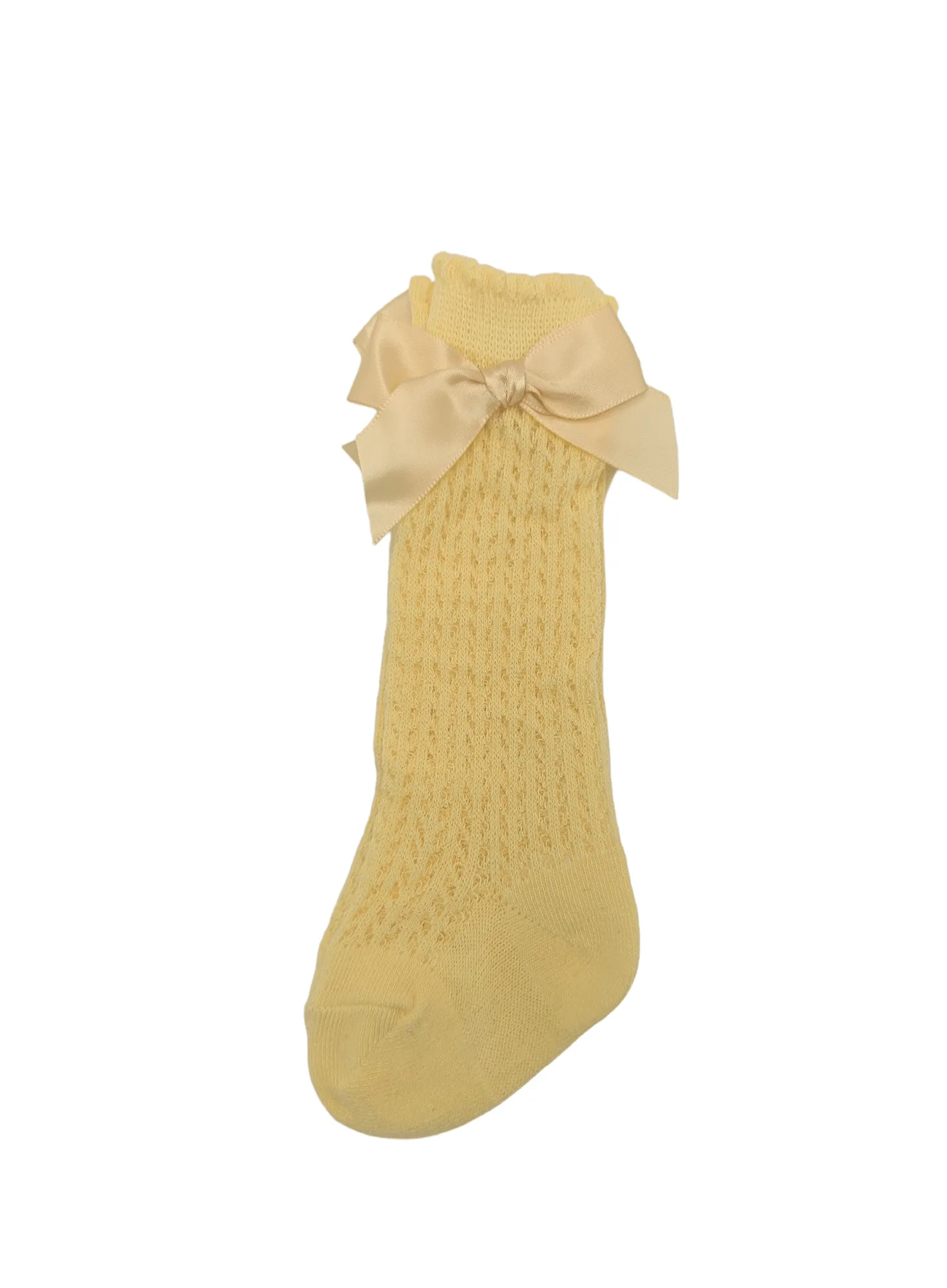 Daffodil Yellow Open Pattern Sparkle Knee High Style Socks With Satin 3 Inch Bow