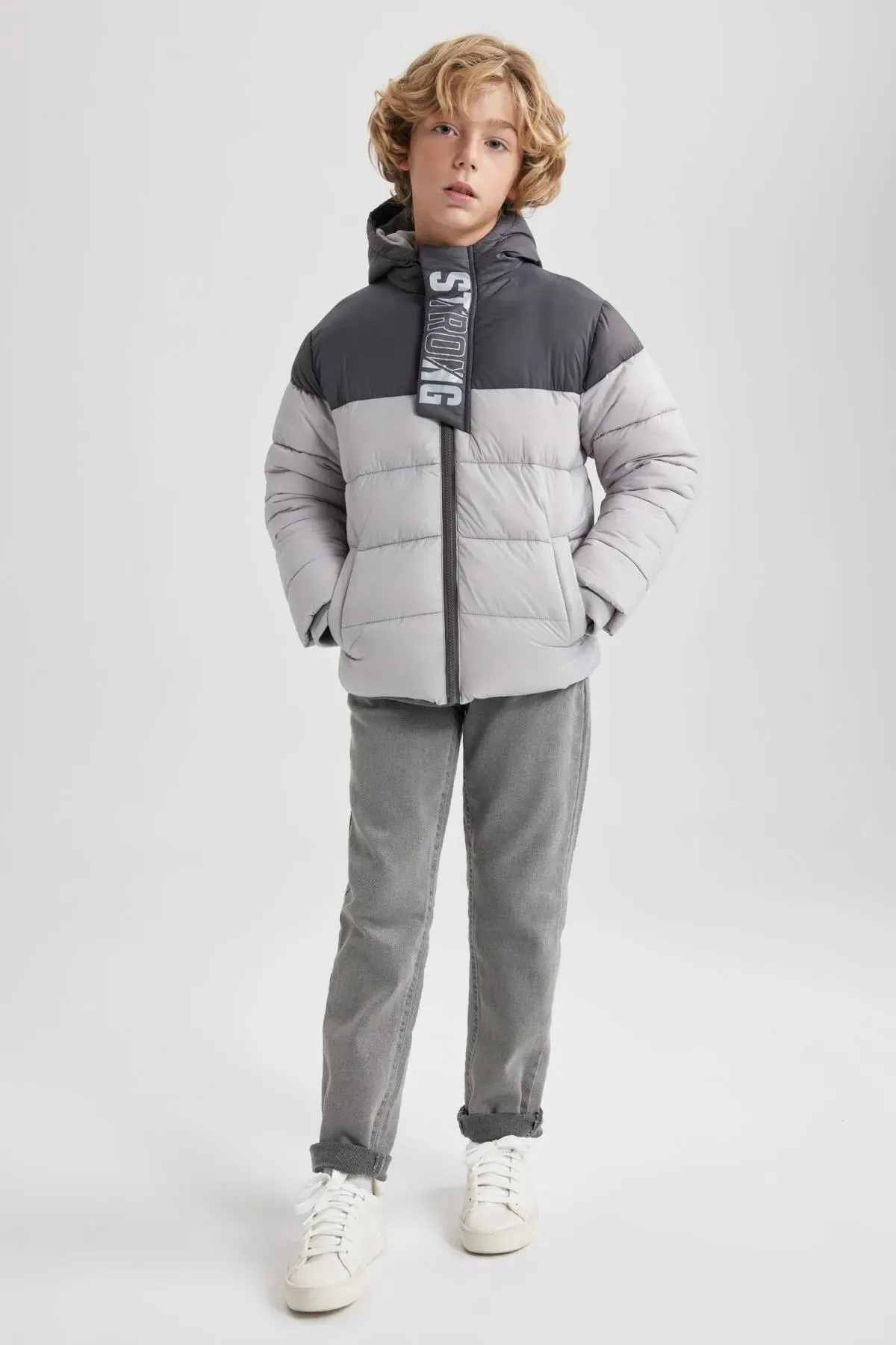 Defacto Boy's Grey Repellent Hooded Fleece Lined Coat