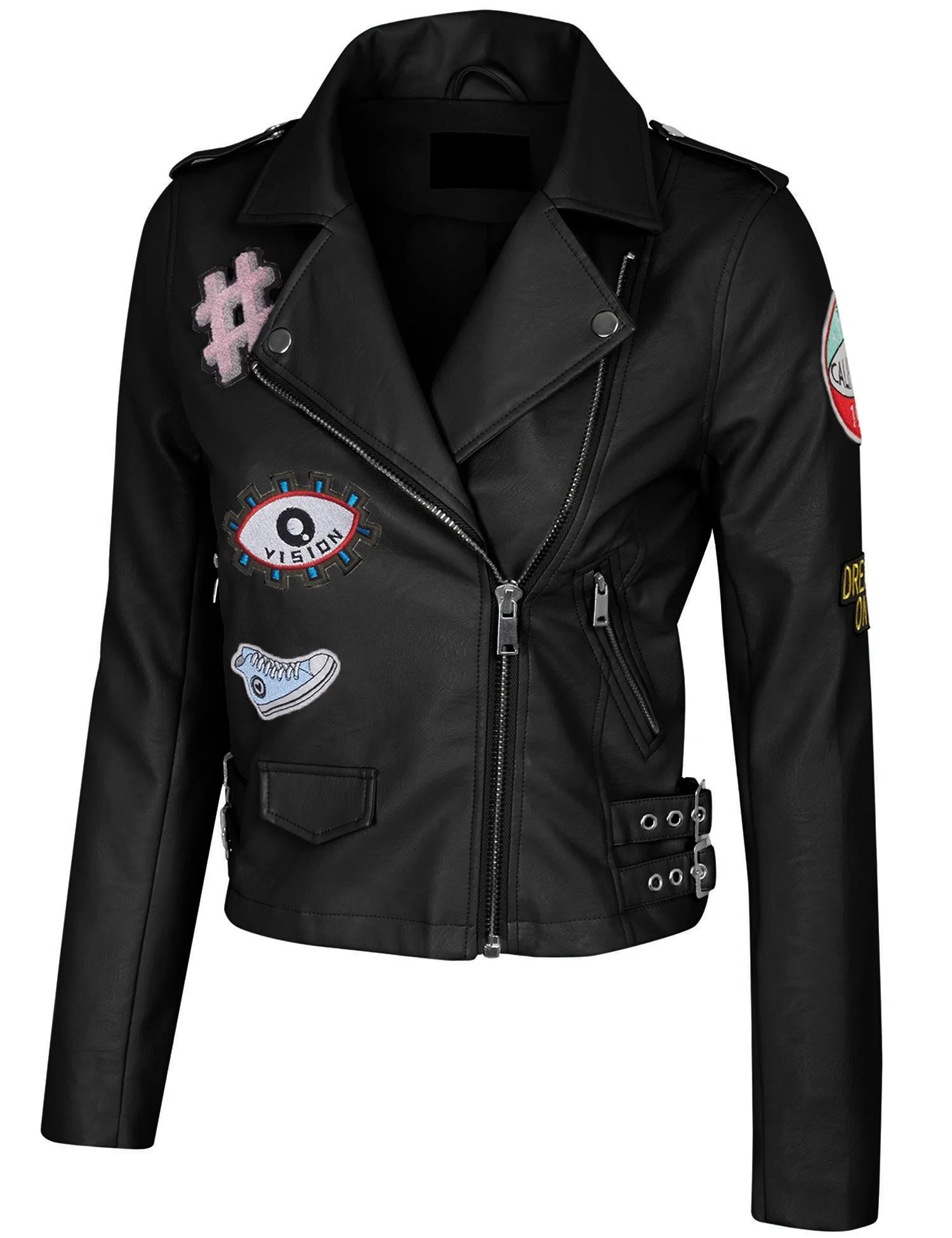 Double Breasted Faux Leather Zip Up  Jacket with Patches