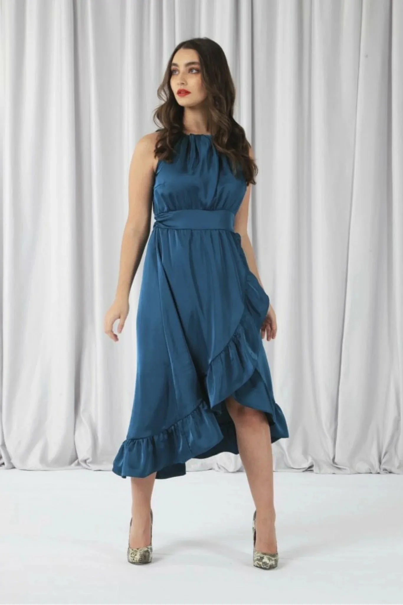 Double Second Teal Sleeveless Satin Frill Hem Wrap Dress