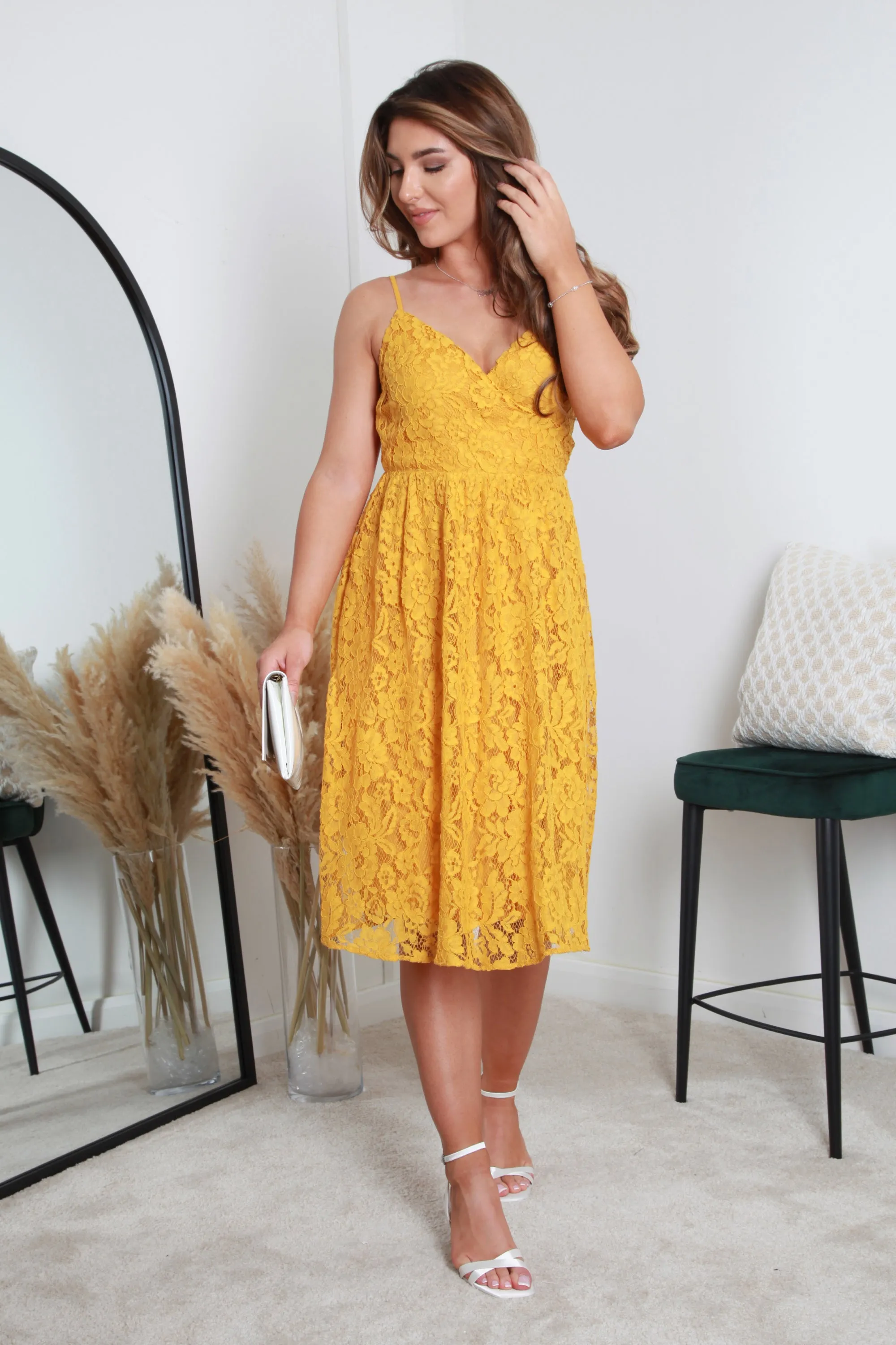 Double Second Yellow Strappy Lace Wrap Midi Dress